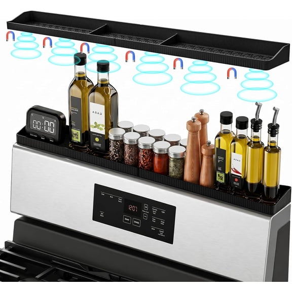 30" Magnetic Stove Top Shelf, Silicone Over the Spice Rack Organizer | Heat Resistant Silicone, Anti-Rattle No-Scratch Range 3 Functional Partitions Kitchen Storage for Spices