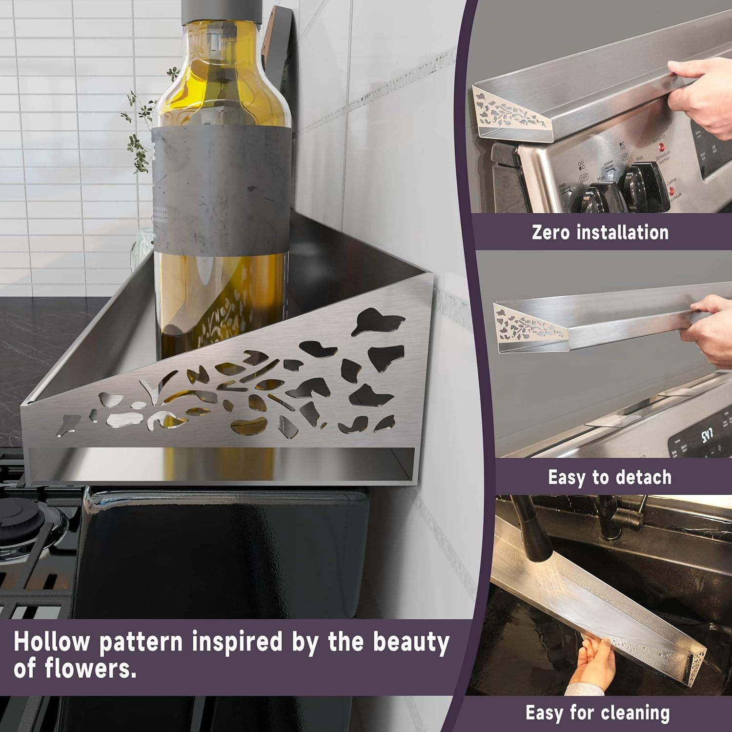 Spice Rack Shelf For Stove Top - Wood & Metal Kitchen Organizer With 4 Hooks, Adjustable Feet