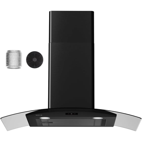 30" Matte Black Glass Under Cabinet Hood,450CFM 3-Speed Touch,Ducted/Ductless,Ribbed Filter,2 LED,Dual CF004 Carbon Filters & Aluminum Tube