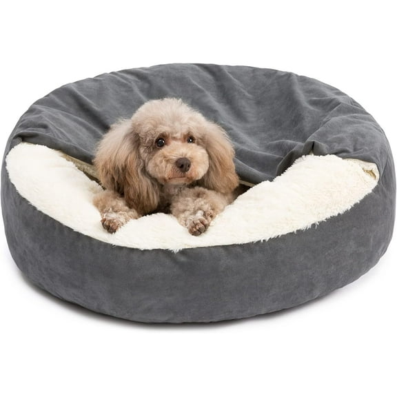 30" Medium Dog Bed for Medium Dogs Up to 45lbs - Washable Burrow Puppy Beds with Blanket Attached - Covered Dog Cave Bed with Anti-Slip Bottom - Charcoal Gray
