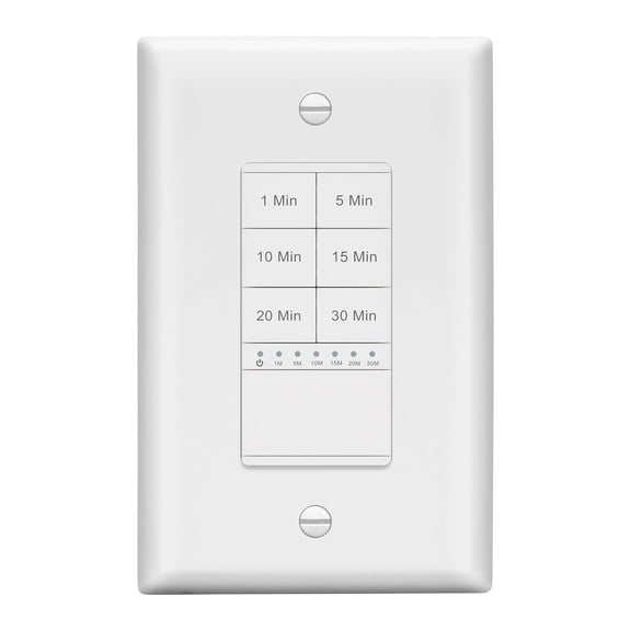 30-Minute Countdown Timer with Wall Plate, 800W, No Neutral Required, 1-5-10-15-20-30 Minutes, for Lights or Fans, UL Lted, LED Indicator, White, Plate Included
