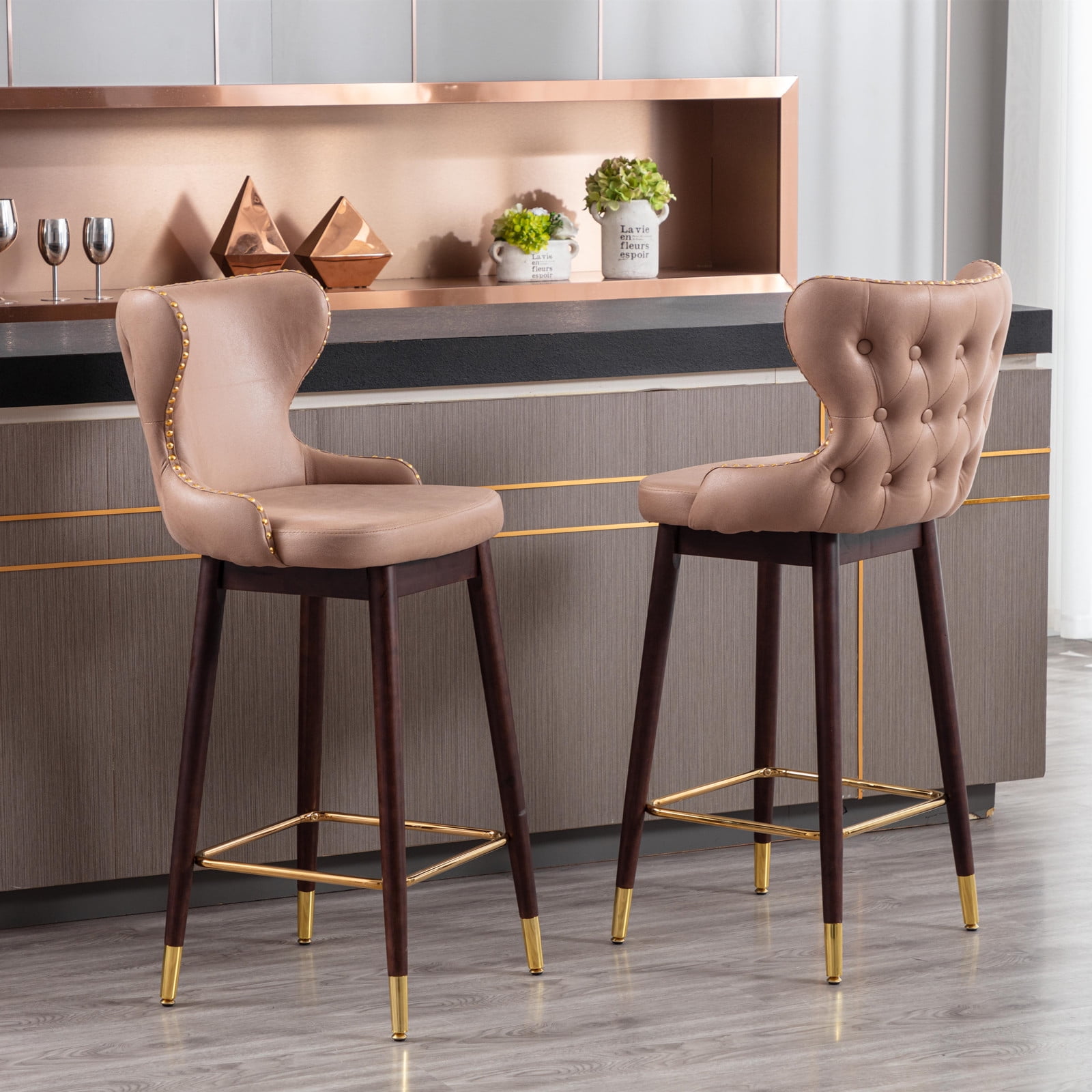 30” Modern Bar Chairs with Wood Legs Home Dining Room Bar Stools Tufted ...