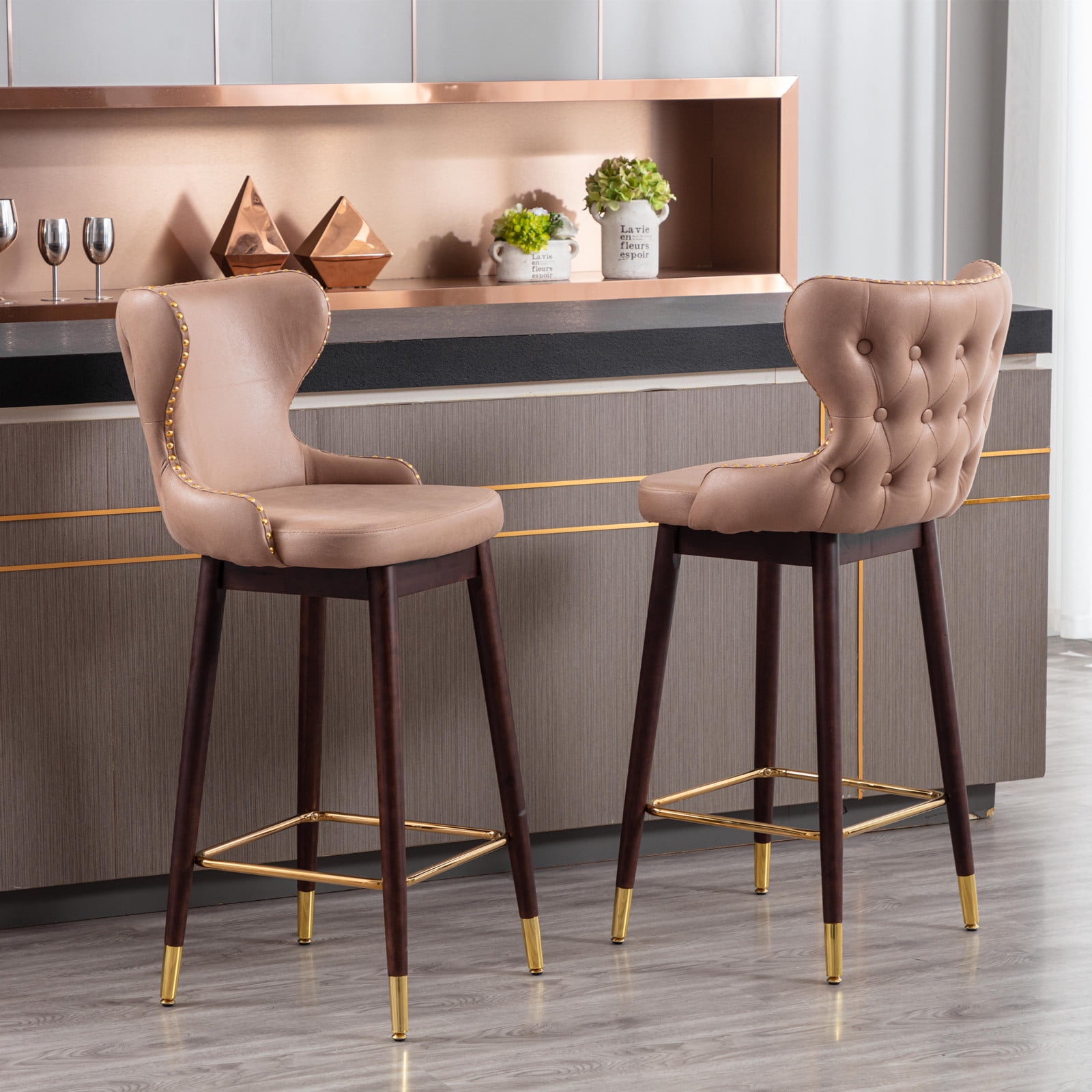 Rhomtree 30” Modern Bar Chairs, Wood Legs, Tufted Gold Nailhead Trim ...