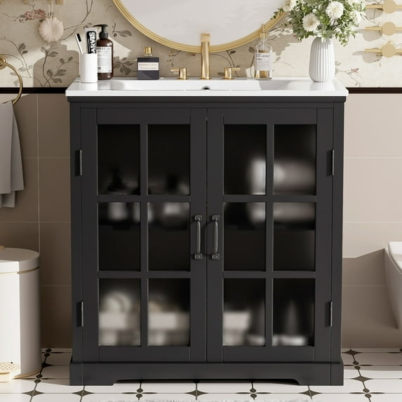 30" Modern Bathroom Vanity with Ceramic Sink, Bathroom Vanity Cabinet with Tempered Blurred Glass and Matte Black Handles, Equipped with Large Storage Space and Rubber Wood Frame, Black