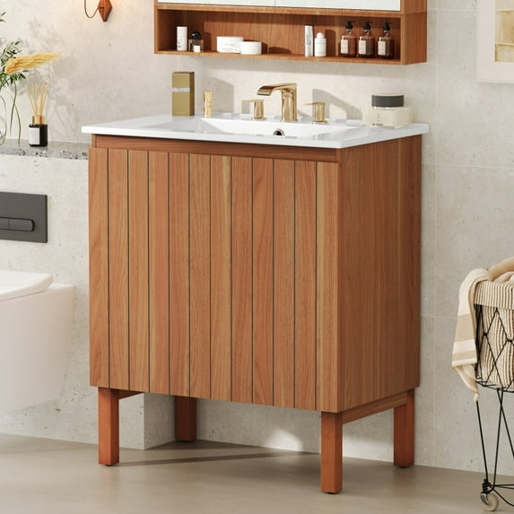 30" Modern Bathroom Vanity with Ceramic Sink, Vintage Minimalist Bathroom Vanity Cabinet, 45 Degrees Free-Handle Design Doors, Vertical Stripe Design Bathroom Vanity with Large Storage Space, Natural
