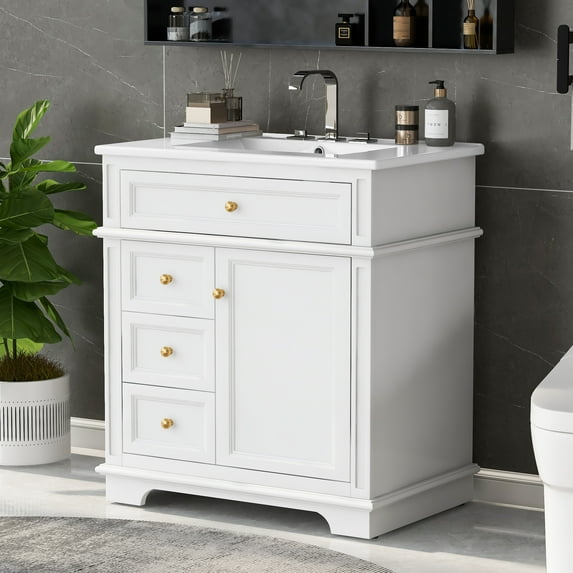 30" Modern Bathroom Vanity,Home Bathroom Single Sink Cabinet With 1 Tip-Out Drawer And 3 Drawers, Soft Closing Door Cabinet With Shelf, Easy Assembly