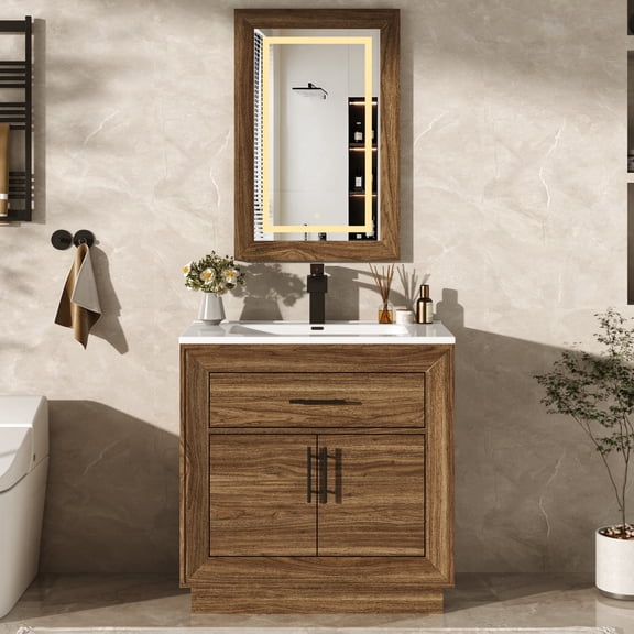 30" Modern Bathroom Vanity Set with Ceramic Sink and LED Mirror, Single Sink Bathroom Cabinet with Tip-out Drawer & Door-Mounted Organization for Small Space