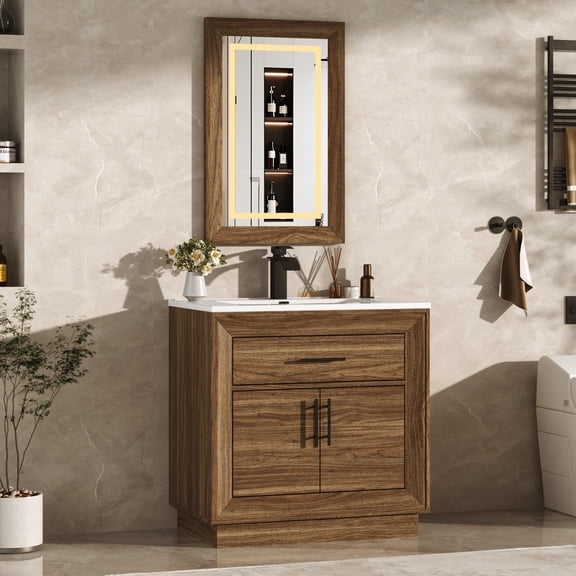 30 inch Bathroom Vanity with Sink & Mirror & Faucets, Modern Vanity Set with Tip-out Trays & 4 Shelves on Doors, SingleBathroom Cabinet with Ceramic Sink