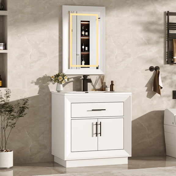 30 inch Bathroom Vanity with Sink & Mirror & Faucets, Modern Vanity Set with Tip-out Trays & 4 Shelves on Doors, SingleBathroom Cabinet with Ceramic Sink