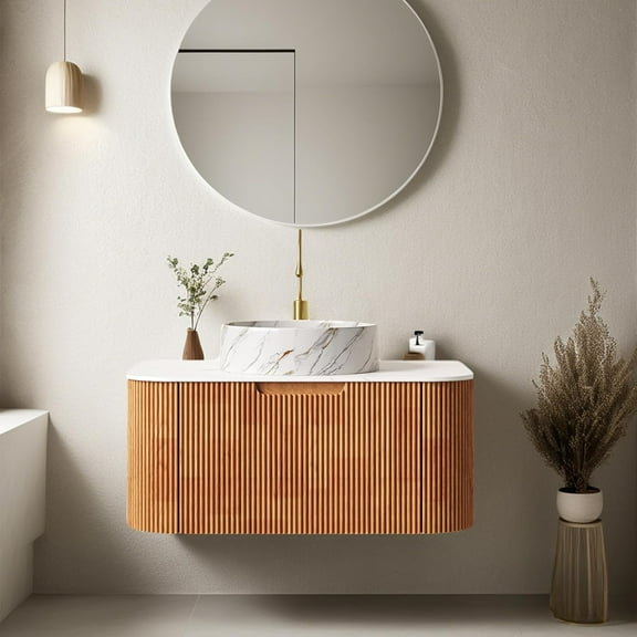 30" Modern Bathroom Vanity with Sink, Floating Bathroom Cabinet with Ultra-Thin Marble Ceramic Basin and Top, Extra Large Storage Drawer, Soft-Close Design, Nature Wood