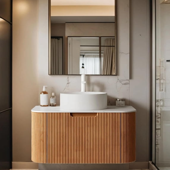 30" Modern Bathroom Vanity with Sink, Floating Cabinet with Ultra-Thin Ceramic Basin and Marble Top, Extra Large Storage Drawer, Soft-Close Design, Nature Wood