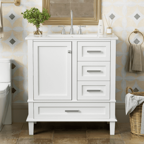 30" Modern Bathroom Vanity with Sink,  Storage Cabinet with Soft-Close Door & 3 Drawers, Ceramic Top, Solid Wood Frame for Bathroom Organization,White