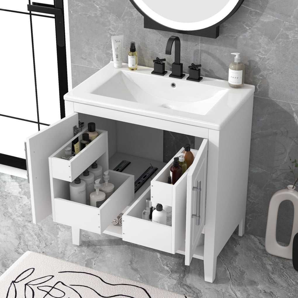 "30"" Modern Bath Furniture, White Vanity with Sink Top, Wood & MDF ...