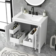 30" Modern Bathroom Vanity with Sink Top,Multi-Functional Wood Bathroom Storage Cabinet with Doors and Drawers,Wood Frame and MDF Board, Large Storage Space,White
