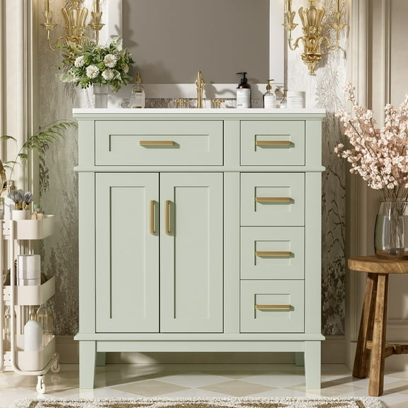 30" Modern Bathroom Vanity with Ceramic Top, Mint Green
