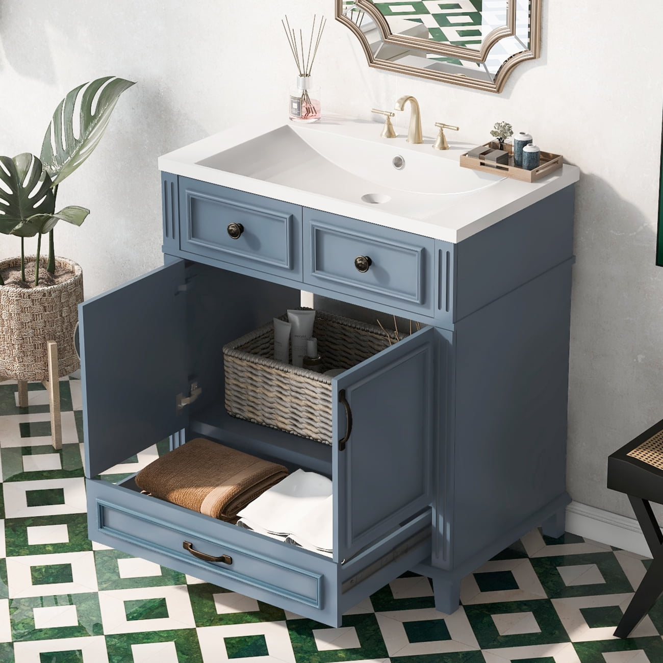 Merax 36" Modern Bathroom Vanity With Single Sink – Solid Wood Frame, Soft-Close Doors, 4 Drawers, Removable Tray, Grey Finish