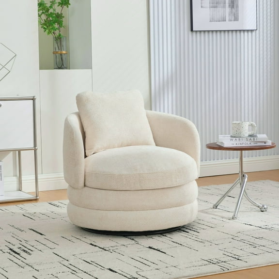 30" Modern Beige Accent Chair, 360° Swivel Barrel Armchair with Pillow, Chenille Upholstered Comfy Single Chair for Living Room, Bedroom