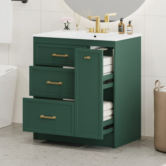 30" Modern Solid Wood Bathroom Vanity with Ceramic Sink Combo, 2 Drawers & 1 Double-Layer Storage, Freestanding Design with Soft-Close Drawers, Green Finish for Contemporary Bathrooms