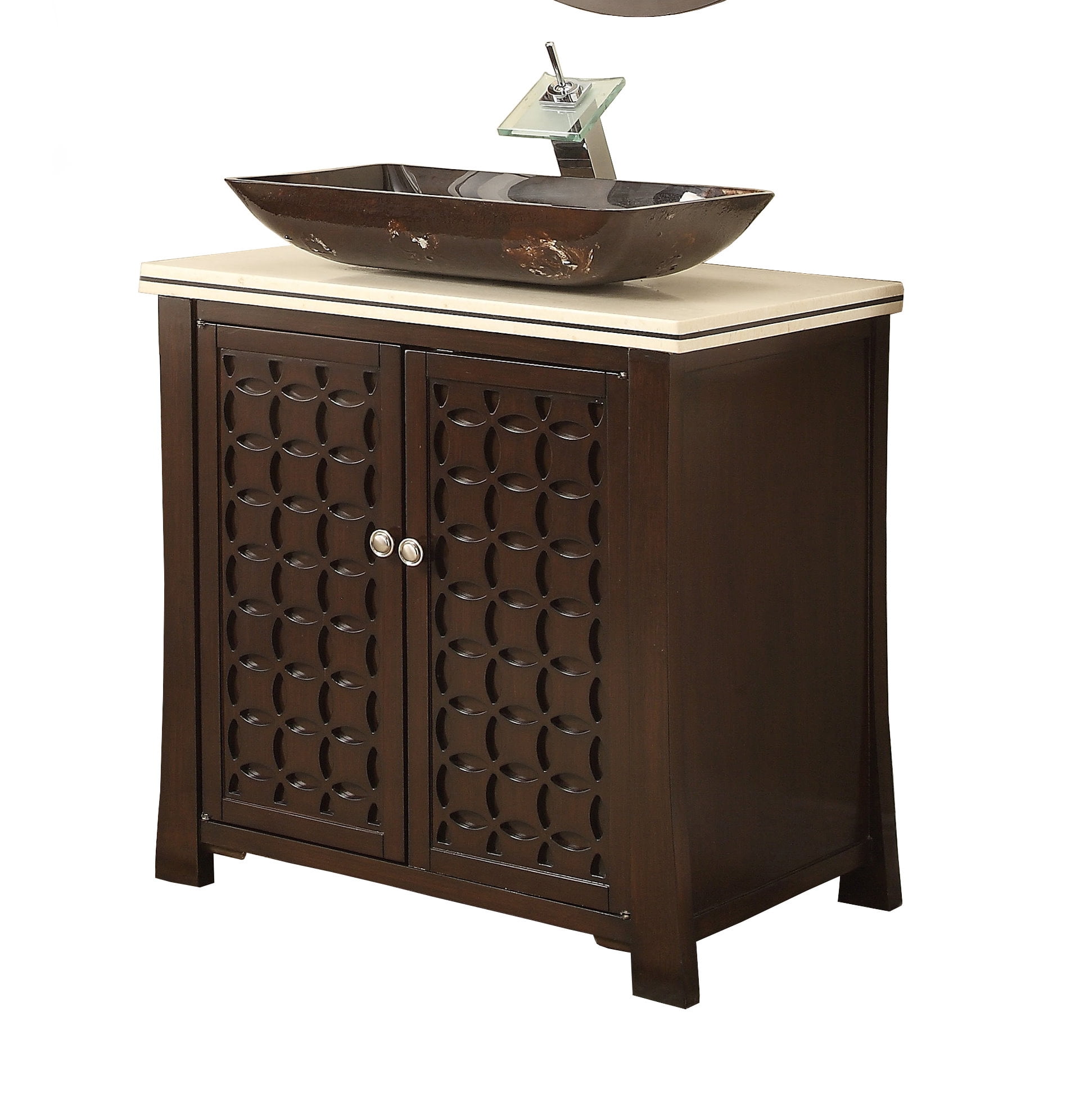 Espresso Wood Freestanding Bathroom Vanity with Cream Marble Top and Vessel Sink