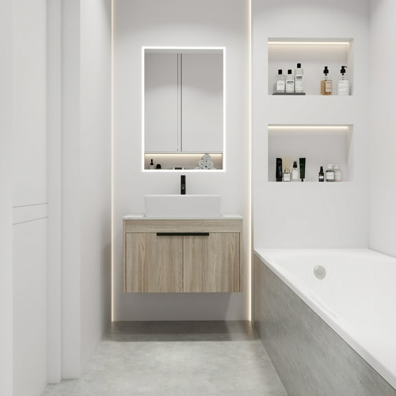 30" Modern Wall Mounted Bathroom Vanity with Ceramic Sink & White Stone Slab - White Oak, Soft Close Door, Ample Storage for Bathroom & Powder Room