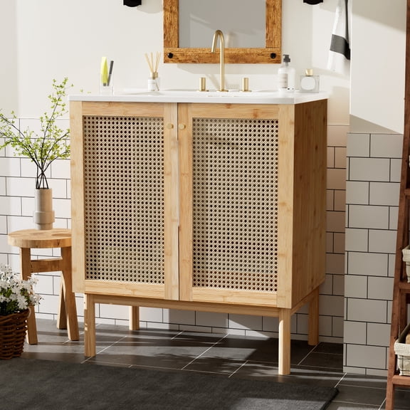 30" Modren bathroom vanity with featuring handmade rattan doors and soft-closing mechanisms, Wood