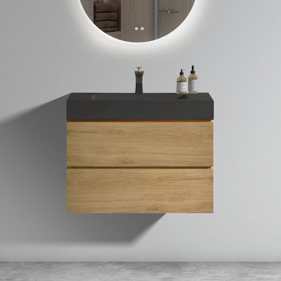 30" Natural Oak Bathroom Vanity with Sink, Large Storage Wall Mounted Floating Bathroom Vanity for Modern Bathroom, One-Piece Black Sink Basin Without Drain, Pre-assembled