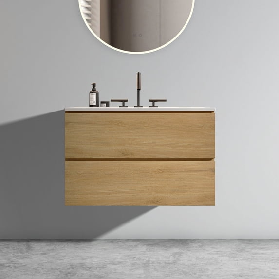 30" Natural Oak Bathroom Vanity with Ceramic Sink with Three Faucet Holes, Large Storage Floating Bathroom Vanity for Modern Bathroom, Pre-assembled