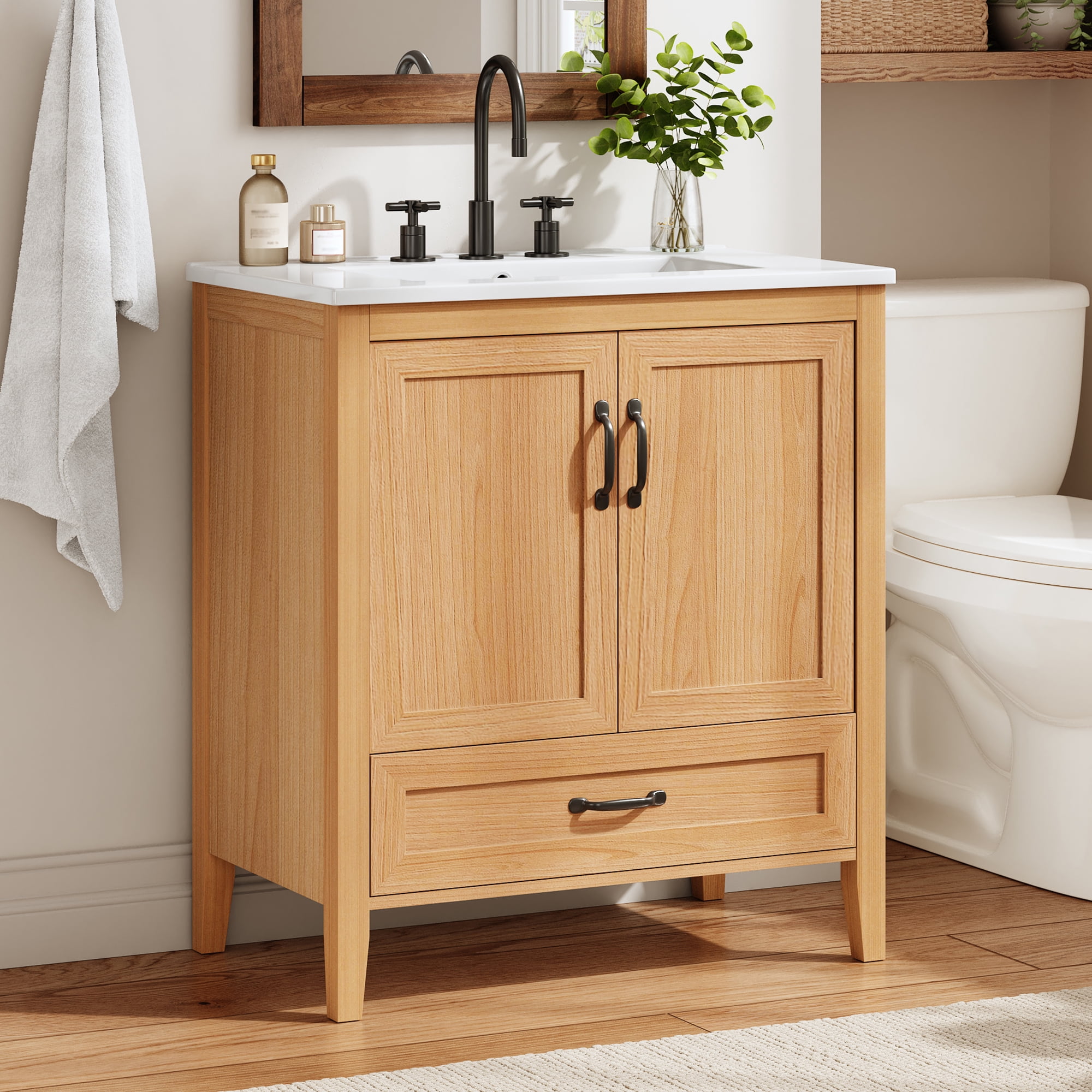 30" Natural Wood Grain Bathroom Vanity with Ceramic Sink Top, Solid Wood Legs, Soft-Close Double Doors & Bottom Drawer, Adjustable Interior Shelf, Door-mounted Organizers