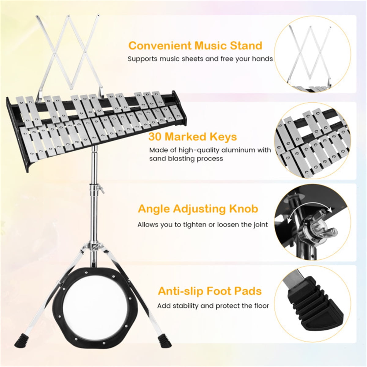 30 Notes Percussion Glockenspiel Adjustable Stand 23in-38in 22.5x14.5in Surface 10.8lbs Aluminum Bells 2.5 Octave Range Beginner Practice Kit Mallets Drumsticks 8in Pad Music Stand Carrying Bag