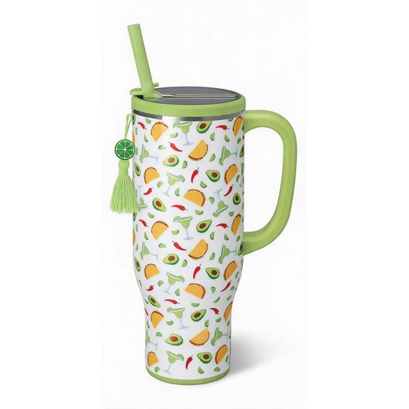 30 Ounce Insulated Tumbler with Handle and Straw in Taco Night