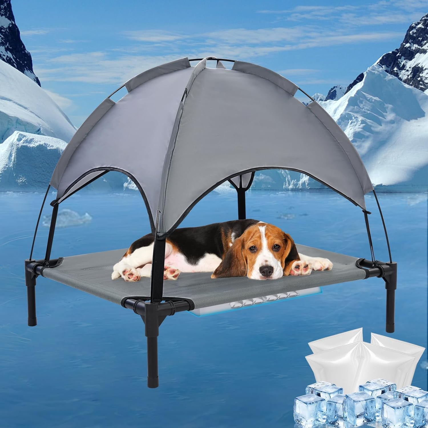 30'' Outdoor Elevated Dog Bed with Canopy, Raised Dogs Bed with Four ... - Elevated Canopy Dog Bed