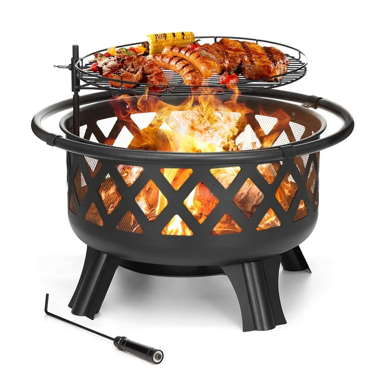 30'' Outdoor Fire Pit with Cooking Grate, Wood Burning BBQ