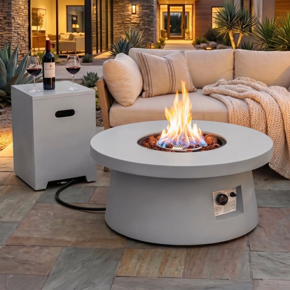 30" Outdoor Propane Fire Pit Table with Tank Table, 50000 BTU Round Iron Gas Fire Pit for Patio, Backyard, Garden & Pool, Gray