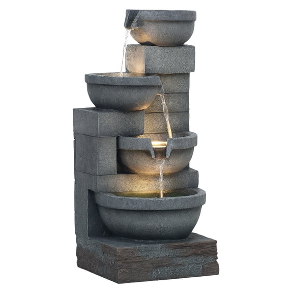 30" Outdoor Waterfall Fountain with LED Lights, 4-Tier Resin Cascading Fountain, Gray Garden Decor