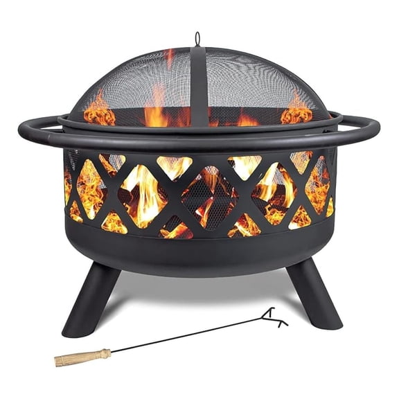 30'' Outdoor Wood Burning Firepit Bowl with Screen Cover Log Grate Fire Steel Round Fireplace for Outside Camping Beach Patio Backyard,Black1
