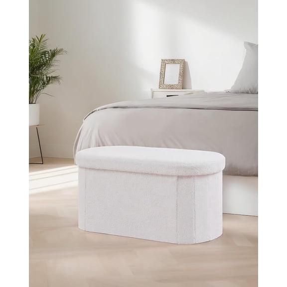 30" Oval Foldable Ottoman with Storage, Teddy Boucle Fabric Footrest, Storage Bench for Living Room, Bedroom, Entryway, Dorm, White