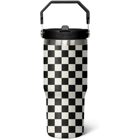 30 Oz Black and White Checkered Tumbler with Flip Lid, Handle & Straw - Insulated Travel Mug, Water Bottle, Coffee Cup - Gifts for Women & Men