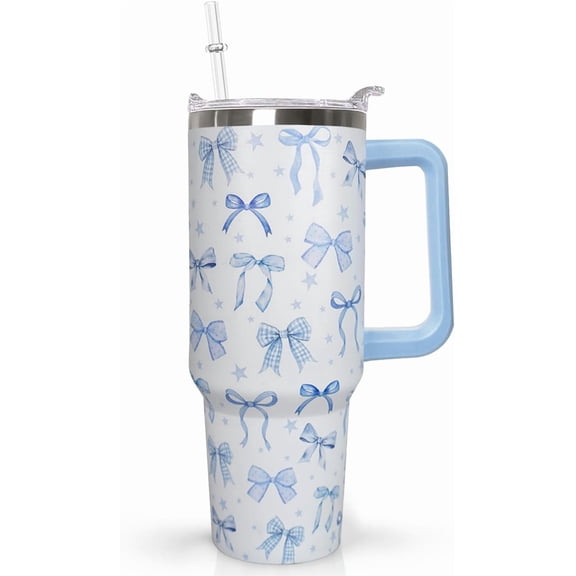 30 Oz Blue Bow Tumbler With Handle, Blue Bow Decor Coffee Travel Mug Cup Water Bottle, Gifts for Women Girls