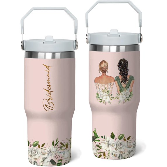30 Oz Bridesmaid Tumbler with Handle and Straw, Stainless Steel Bridesmaid Cups for Wedding Champagne Flute Bachelorette Party Gifts for Bridesmaids