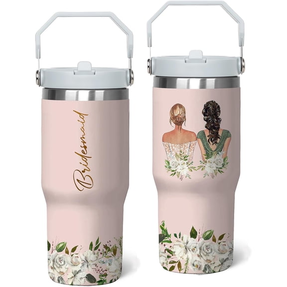 30 Oz Bridesmaid Tumbler with Handle and Straw, Stainless Steel Bridesmaid Cups for Wedding Champagne Flute Bachelorette Party Gifts for Bridesmaids