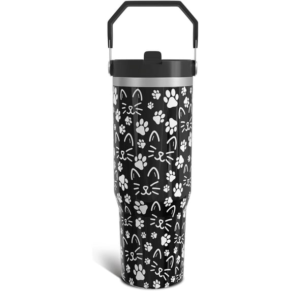 30 Oz Cat Paw Tumbler with Top Handle and Flip Straw, Black Cat Face Stainless Steel Travel Cups Birthday Cats Lover Gifts for Women Men (1PC)