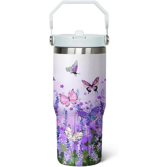 30 Oz Flip Tumbler with Handle Lid and Straw,Purple Butterfly Reusable Tumbler Water Bottle Travel Coffee Cup Mug,Butterfly Gifts for Women Mom Daughter Girlfriend Teenage Girls Bridesmaid