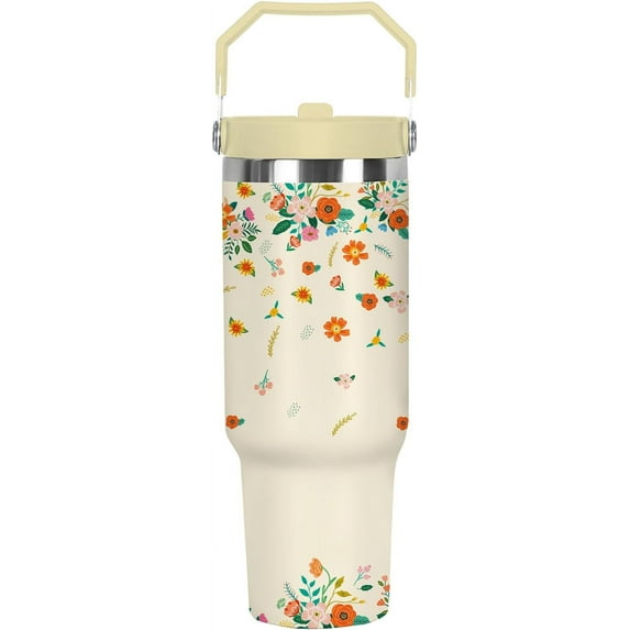 30 Oz Floral Tumbler For Women with Handle and Straw,Stainless Steel Vacuum Insulated Coffee Travel Iced Water Bottle Cup Mug for Lady, Mothers Day Birthday Christmas Gifts for Women Girl
