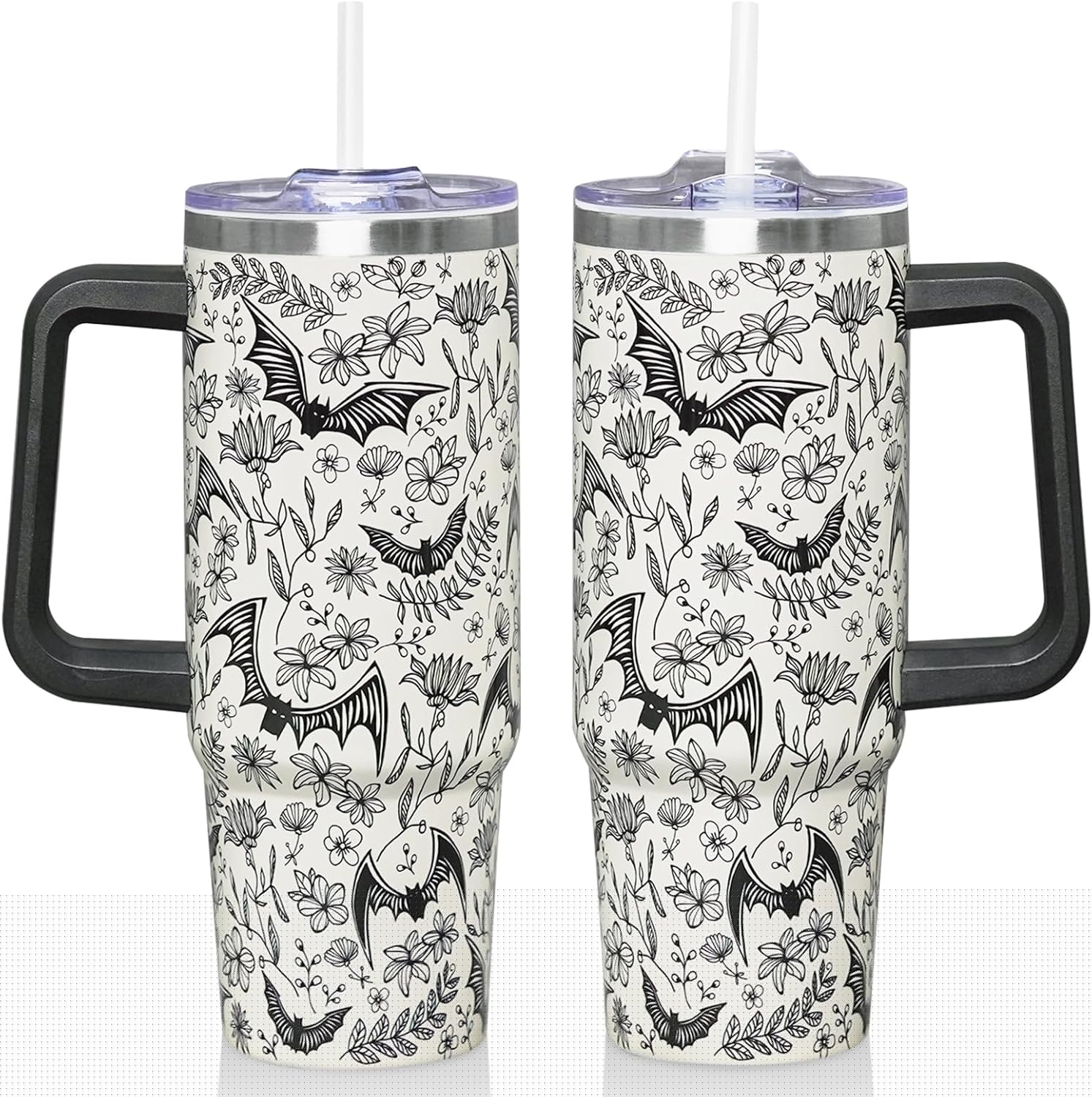 30oz Gothic Bat Tumbler with Handle & Straw - Insulated Stainless Steel Travel Mug for Coffee & Water - Halloween Christmas Birthday Gift for Adults (Men & Women)