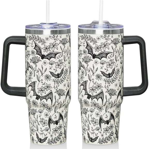30 Oz Halloween Tumbler with Handle and Straw, Gothic Goth Bat Tumbler Insulated Stainless Steel Coffee Travel Mug Cup Water Bottle, Christmas Halloween Birthday Witchy Gothic Gifts for Men, Women