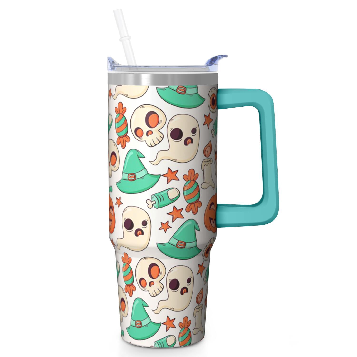 30 Oz Halloween Tumbler with Handle and Straw, Haunted Ghost Candy Cat ...