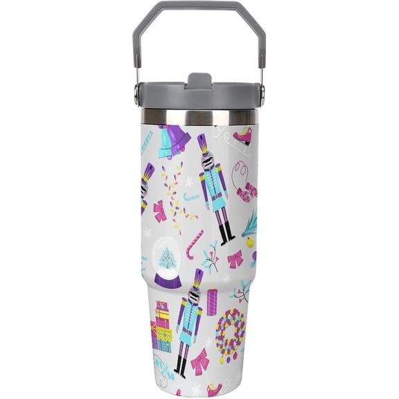 30 Oz Insulated Tumblers with Flip Straw Lid Top Handle Nutcracker Christmas Colorful Leakproof Reusable Vacuum Stainless Steel Travel Coffee Mug for Car Winter Cute Soldier