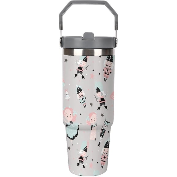 30 Oz Insulated Tumblers with Flip Straw Lid Top Handle Nutcracker Xmas Ballerina Leakproof Reusable Vacuum Stainless Steel Travel Coffee Mug for Car Christmas Cute