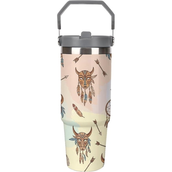 30 Oz Insulated Tumblers with Flip Straw Lid Top Handle Native Tribal Boho Leakproof Reusable Vacuum Stainless Steel Travel Coffee Mug for Car