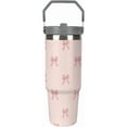 thumbnail image 1 of 30 Oz Insulated Tumblers with Flip Straw Lid Top Handle Striped Bows Pink Leakproof Reusable Vacuum Stainless Steel Travel Coffee Mug for Car, 1 of 6